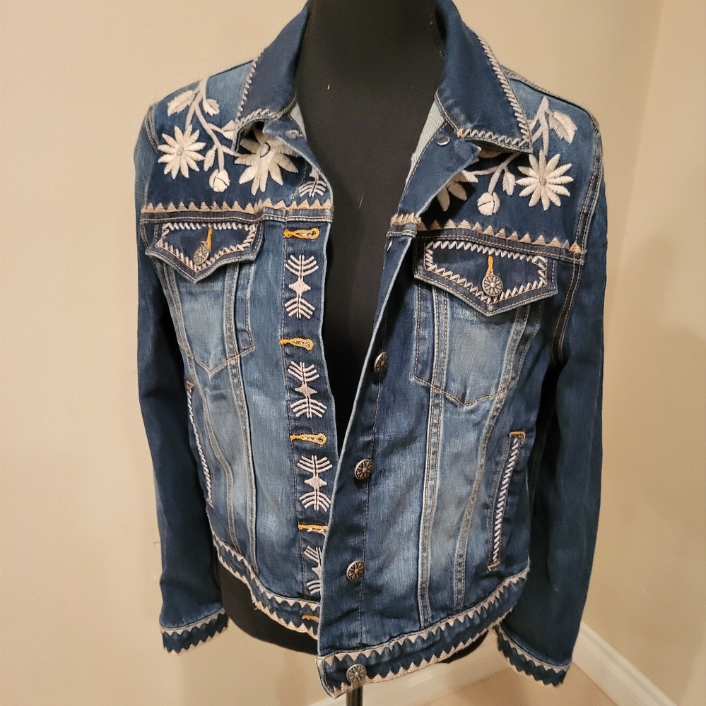 DRIFTWOOD Blue Denim Jacket with White Floral Embroidery
